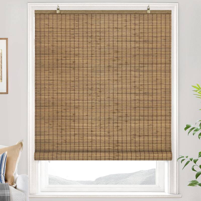 lot 15799 image: LazBlinds Cordless Bamboo Blinds, Bamboo Roll Up Shades for Windows, Privacy Hanging Window Blinds, Shades for Patio IndoorOutdoor Porch, 35 W x 64 H, Highfield Teak - Retail $59