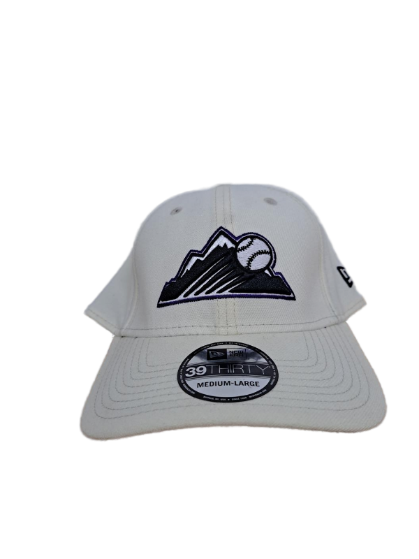 lot 33399 image: New Era Colorado Rockies 39THIRTY flex-fit hat in cream, black, and purple MediumLarge