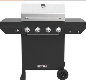 lot 33688 image: Nexgrill 4-Burner Propane Gas Grill in Black with Stainless Steel Main Lid - Retail $199