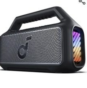 lot 35735 image: Soundcore Boom 2 By Anker, Outdoor Speaker, 80W, Subwoofer, BassUp 2.0, 24H Playtime, IPX7 Waterproof, Floatable, RGB Lights, USB-C, Custom EQ, Bluetooth 5.3, Portable for Camping and Beach - Black - Retail $99