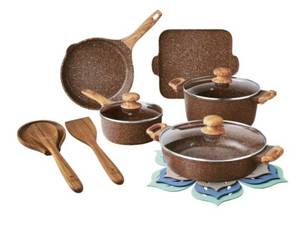 lot 37016 image: The Pioneer Woman Prairie Signature 14-Piece Cast Aluminum Cookware Set, Brown - Retail $119