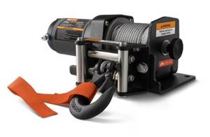 lot 37017 image: Ozark Trail 2500 lb 12V DC Electric ATV Winch with 50ft. Steel Rope Mounting Bracket, Black - Retail $65