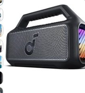 lot 35746 image: Soundcore Boom 2 By Anker, Outdoor Speaker, 80W, Subwoofer, BassUp 2.0, 24H Playtime, IPX7 Waterproof, Floatable, RGB Lights, USB-C, Custom EQ, Portable for Camping and Beach - Black - Retail $99