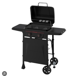 lot 35752 image: Propane Gas Grill 2-Burner Steel Main Burners Wheeled Portable Cooking Black - Retail $158