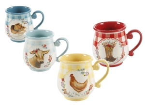 lot 35767 image: The Pioneer Woman Novelty Gingham Ceramic Stoneware 16-oz Mugs 4 units (Broken Handle on Yellow Mug)