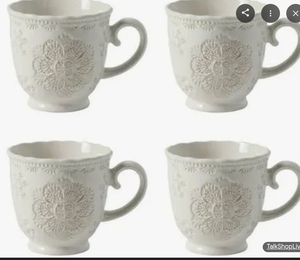 lot 35770 image: The Pioneer Woman Vintage Lace Stoneware Mugs White 4-Pack