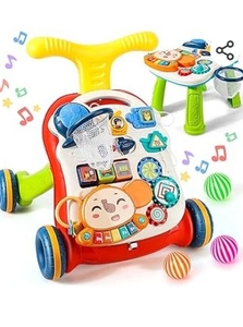 lot 35774 image: TOY Life 3 in 1 Baby Push Walker and Activity Center, Sit to Stand Walker for Babies 6-12 Months, Baby Walking Toys with Music Panel for Girls Boys, Toddlers Push Toys Gifts for Learning to Walk -Red