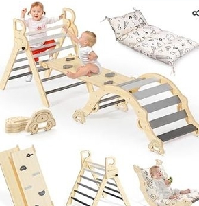 lot 35775 image: BlueWood Pikler Triangle Set with Cushion, 8-in-1 Climbing Toys for Toddlers, Montessori Philosophy Play Jungle Gym with Arch, Ramp - Retail $119