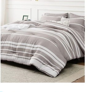lot 35776 image: Bedsure King Comforter Set 7 Pieces, Taupe Striped Bedding Set for All Seasons, Reversible, Cationic Dyeing Bed in a Bag with Comforter, Sheets, Pillowcases & Shams