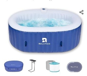 lot 35778 image: Inflatable 2 Person Hot Tub Outdoor, 100 Air Jets Portable Oval Spa with Built in Heater Pump, Blow Up Hottub for Relaxation, Table Tray, 2 Filters, Blue - Retail $398