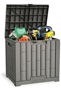lot 35781 image: Outdoor Storage Box, 31 Gallon Deck Box Indoor and Outdoor Use, Waterproof Resin Storage Bin for Package Delivery, Patio Cushions, Gardening Tools, Lockable, UV Resistant, Grey