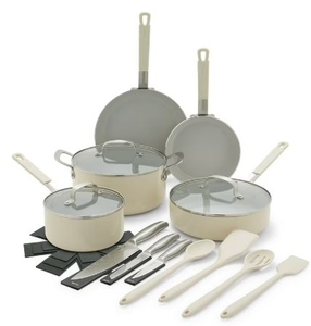 lot 35802 image: Bobby Flay by Greenpan 21-Piece Pots and Pans Cookware Set, Ceramic, Non-Stick, Cream - Retail $98