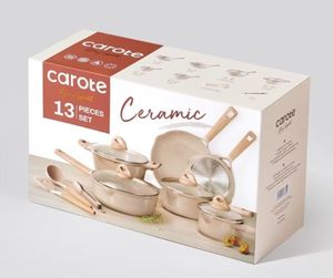 lot 37023 image: Carote Ceramic Nonstick Pots and Pans Set, 13 Pieces Non-Toxic Kitchen Cookware Sets Compatible for All Stoves, Taupe - Retail $79