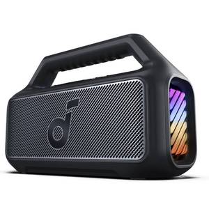 lot 37027 image: Soundcore Boom 2 By Anker, Outdoor Speaker, 80W, Subwoofer, BassUp 2.0, 24H Playtime, IPX7 Waterproof, Floatable, RGB Lights, USB-C, Custom EQ, Portable for Camping and Beach - Black -(NO CHARGER) Retail $129
