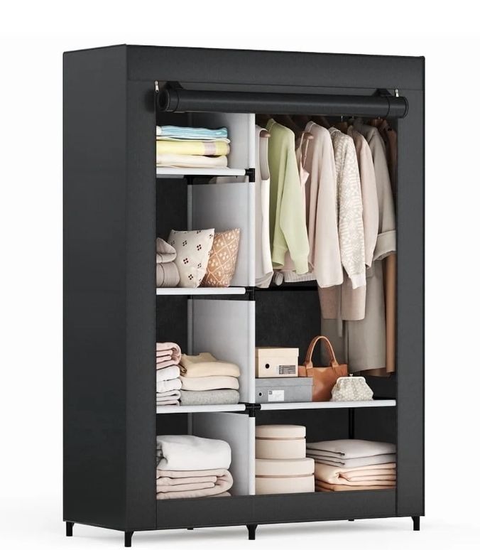 lot 33425 image: Gianna 40 Inch Hanging Clothes Rack With Fabric Cover, Portable Freestanding Multi-purpose Wardrobe, Black