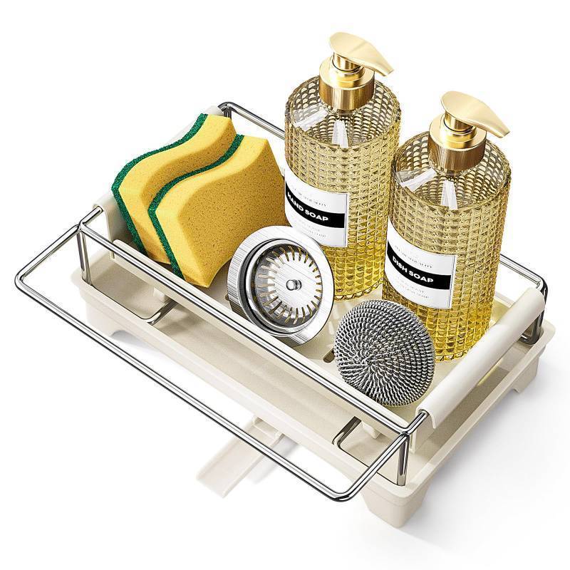 lot 7359 image: Caumic Sink Caddy Sponge Holder for Kitchen, Sink Countertop Organizer with Drip Tray for Storing Soap Dispensers and Kitchen Accessories