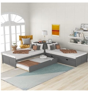 lot 35808 image: L-Shaped Platform Bed with Trundle and Drawers Wood Bed Linked with Built-in Desk for Bedroom, (Grey, Twin), (only box 1)  - Retail $398
