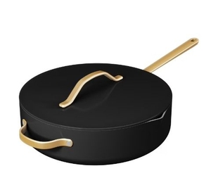 lot 35829 image: Beautiful 5.5 Quart Ceramic Non-Stick Saut� Pan with Strainer Lid, Black Sesame by Drew Barrymore - Retail $55
