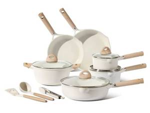 lot 37042 image: Carote Nonstick Pots and Pans Set, 13 Pieces Kitchen Cookware Sets Compatible for All Stoves, White Granite