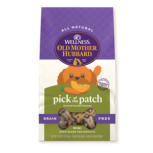 lot 38391 image: Wellness Old Mother Hubbard Pick of the Patch Natural Grain Free Mini Biscuits Dog Treats 16 oz Bag, BEST 09092027