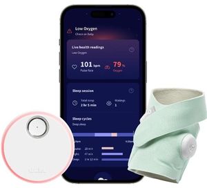 lot 33780 image: Owlet Dream Sock Smart Wearable Baby Monitor  Tracks Oxygen & Pulse Rate  Live Health Alerts, Sleep Insights & App Integration - Mint - Retail $239