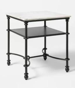 lot 33792 image: Metal and Marble Side Table with Shelf White Carrara MarbleDark Bronze - Threshold designed with Studio McGee Fully Assembled (Damage on Corners) - Retail $0