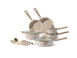 lot 33793 image: Carote Ceramic Nonstick Pots and Pans Set, 10 Pieces Non-Toxic Kitchen Cookware Sets Compatible for All Stoves, Taupe (Missing Utensils) Retail $79