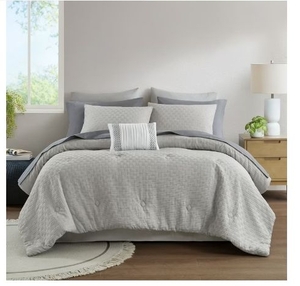 lot 35840 image: Mainstays All in One Reversible Comforter and Sheet set- 11 Piece, Queen, Grey Texture- Retail $66