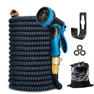 lot 37062 image: Kotto Expandable Garden Hose Water Hose for Outside with 10 Spray Nozzles Leak-Proof  Blue (100 ft)