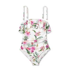 lot 38416 image: Womens Bandeau Flounce Front Ruched Full Coverage One Piece Swimsuit - Kona Sol Cream Size L
