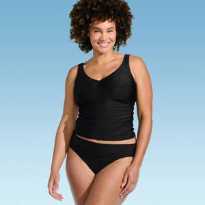 lot 38421 image: Lands End Womens V-Neck Shirred Tankini Top - Black Size 4 (JUST TOP)