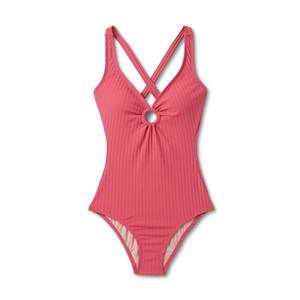 lot 38445 image: Womens Wide Ribbed Center Ring Medium Coverage One Piece Swimsuit - Kona Sol Red -Size M
