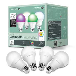 lot 38456 image: Merkury Smart LED Bulbs - 9W (60W Eqv) RGBW Dimmable A19 Light  E26 Base (4-Pack)