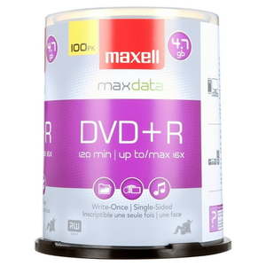 lot 38457 image: Maxell 4.7GB 16X DVDR 100 Packs Spindle Disc Model 639016