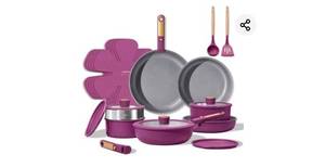 lot 39001 image: 21-Piece Purple Ceramic Cookware Set with Detachable Handles - Retail $80