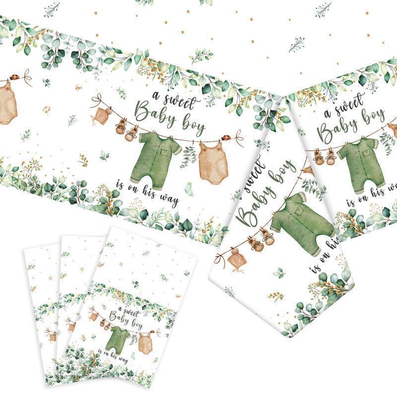 lot 7535 image: 6PCS Greenery Gender Reveal Baby Shower Tablecloth, Boho Greenery A Sweet Baby Boy is On His Way Party Supplies TableCover for Gender Reveal Party, 54 x 108INCH (Green)