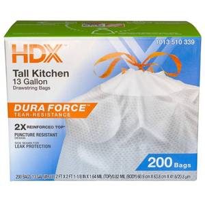 lot 33814 image: 13 Gallon Reinforced Top Drawstring Unscented Kitchen Tall Trash Bags with 20% PCR (200-Count)