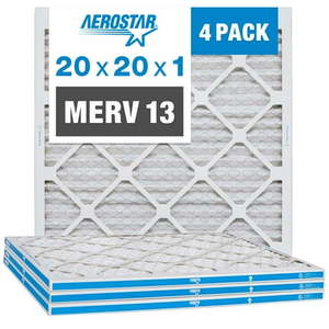 lot 37078 image: Aerostar 20x20x1 (4 Pack) MERV 13 AC Furnace Air Filter  Pleated HVAC Filter  MPR 1900 FPR 10  Allergen Defense Made in USA - Retail $75