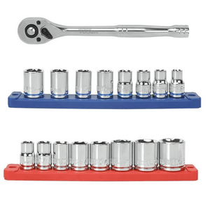 lot 37083 image: Hyper Tough 19-Piece 38-inch Drive Ratchet and Socket Set (SAE and mm)