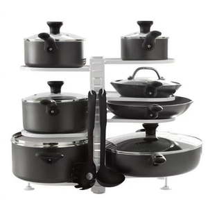 lot 37090 image: Mainstays Pots and Pans Organizer 8 Adjustable Shelves  Sturdy Steel  with 4 Hooks (WHITE)