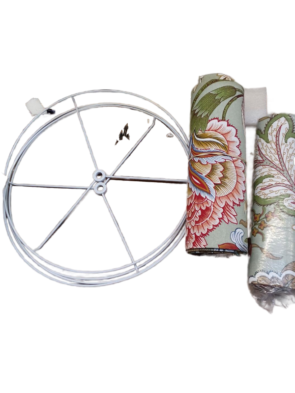 lot 35566 image: White Wire Lampshade Frame with Floral Wallpaper Rolls (Missing Screws)