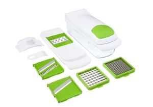 lot 14142 image: Mainstays 11 Pieces Multi-Function Nice Dicer and Mandoline, Stainless Steel, Green Glaze, 820g