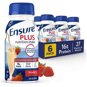 lot 35933 image: Ensure Plus Nutrition Shake Strawberry Non-Caffeinated - 8 fl oz5pk Kosher, Halal, Gluten-Free, Milk Protein (Best By 032027)