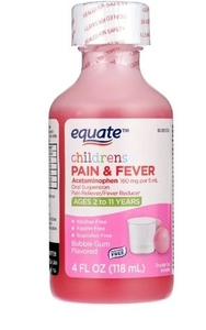 lot 35936 image: Equate Childrens Pain & Fever Acetaminophen Oral Suspension, 160 mg, Bubble Gum Flavor, Ages 2-11, 4 fl oz (Best by 012028)
