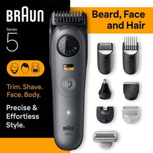 lot 35955 image: Braun All-in-One Series 5 Trimmer Kit  Ultra Sharp Blade  Up to 120 min  40 Lengths  PrecisionWheel & Lock  Waterproof  AIO 5510  Moonstone Grey - Retail $72