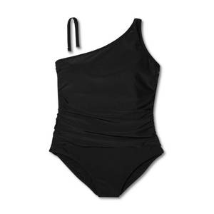 lot 38537 image: Womens Tummy Control One Shoulder Ruched Full Coverage One Piece Swimsuit - Kona Sol Black -Size  L