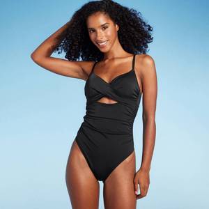 lot 38539 image: Womens Twist Detail Underwire Extra Cheeky High Leg One Piece Swimsuit - Shade & Shore Black Size 34DD