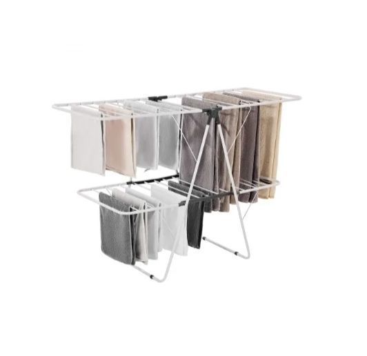 lot 35373 image: VEVOR Clothes Drying Rack, 2-Tier Foldable Laundry Dryer Rack with Sock Clips & 31 Dry Rods, Metal Height Adjustable Drying Racks for Outdoor & Indoor, Free-Standing & Space-Saving Hanger, White (Cosmetic Damage)