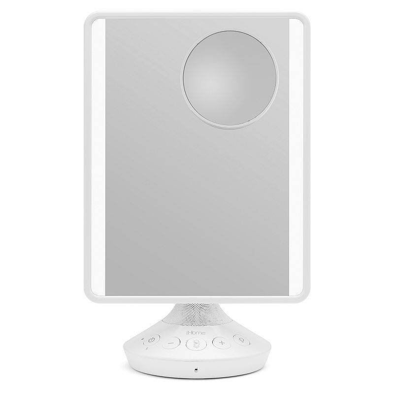 lot 15893 image: iHome Freestanding Mirror with Bluetooth Audio, LED Lighting, 10x Magnifier & USB Charging (Mirror Dimensions 7x9)