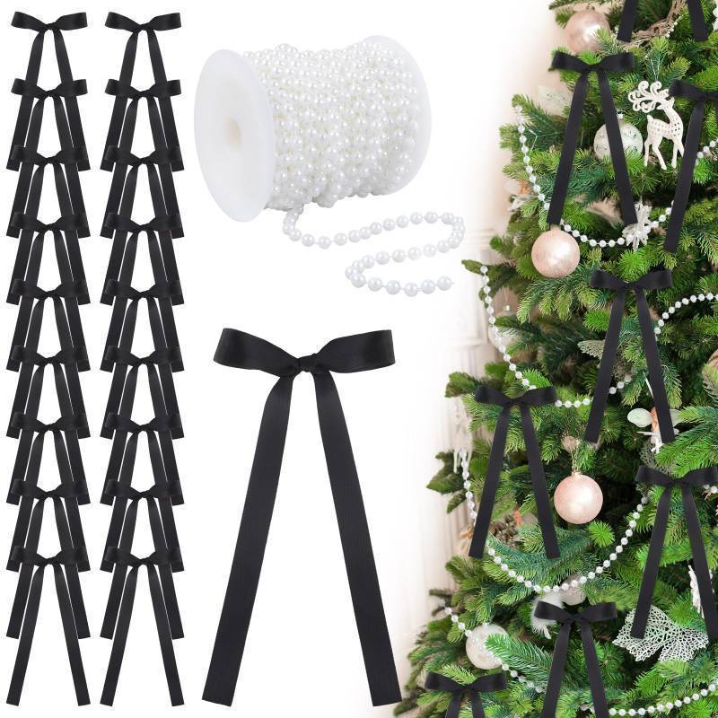 lot 34170 image: 24 Pcs Black Satin Bows for Christmas Tree Ribbon Bows Christmas Ornaments with 33 ft Faux Pearl Beads